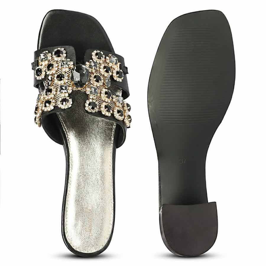 Saint Fiorenza Stone Embroidered Black Leather Block Heels - Image 7