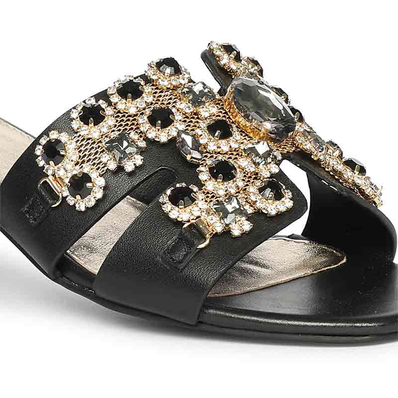 Saint Fiorenza Stone Embroidered Black Leather Block Heels - Image 8