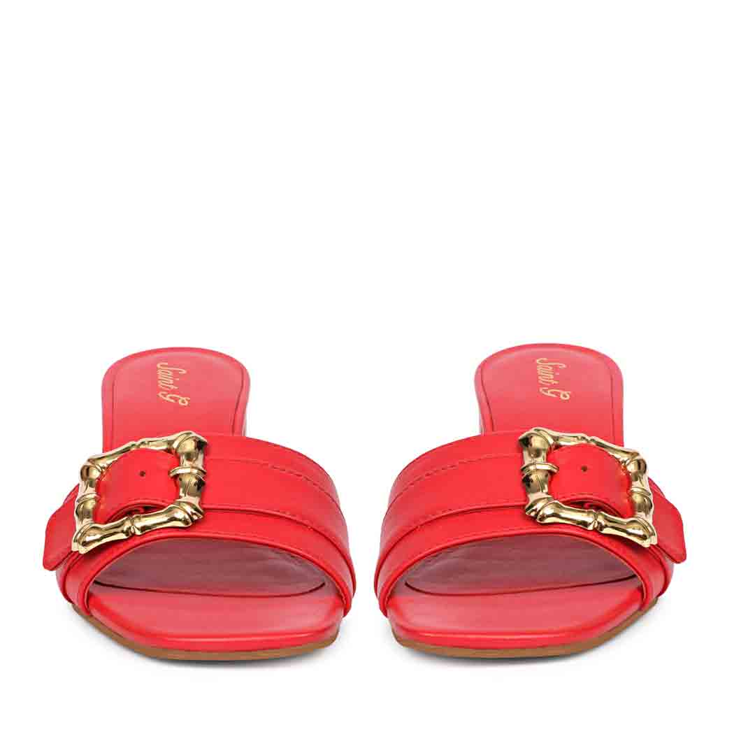 Saint Flavia Gold Square Buckle Leather Goji Berry Block Heels - Image 3