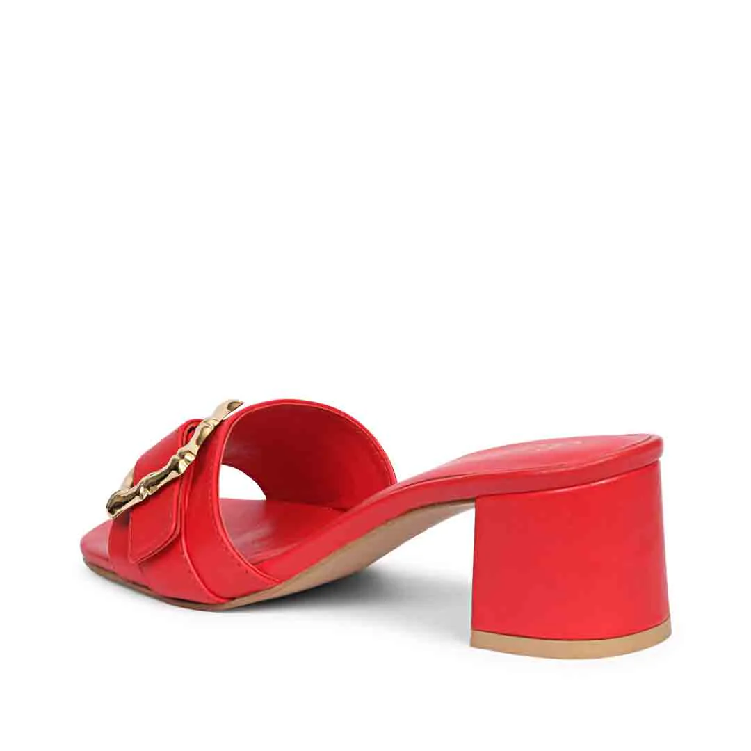 Saint Flavia Gold Square Buckle Leather Goji Berry Block Heels - Image 6