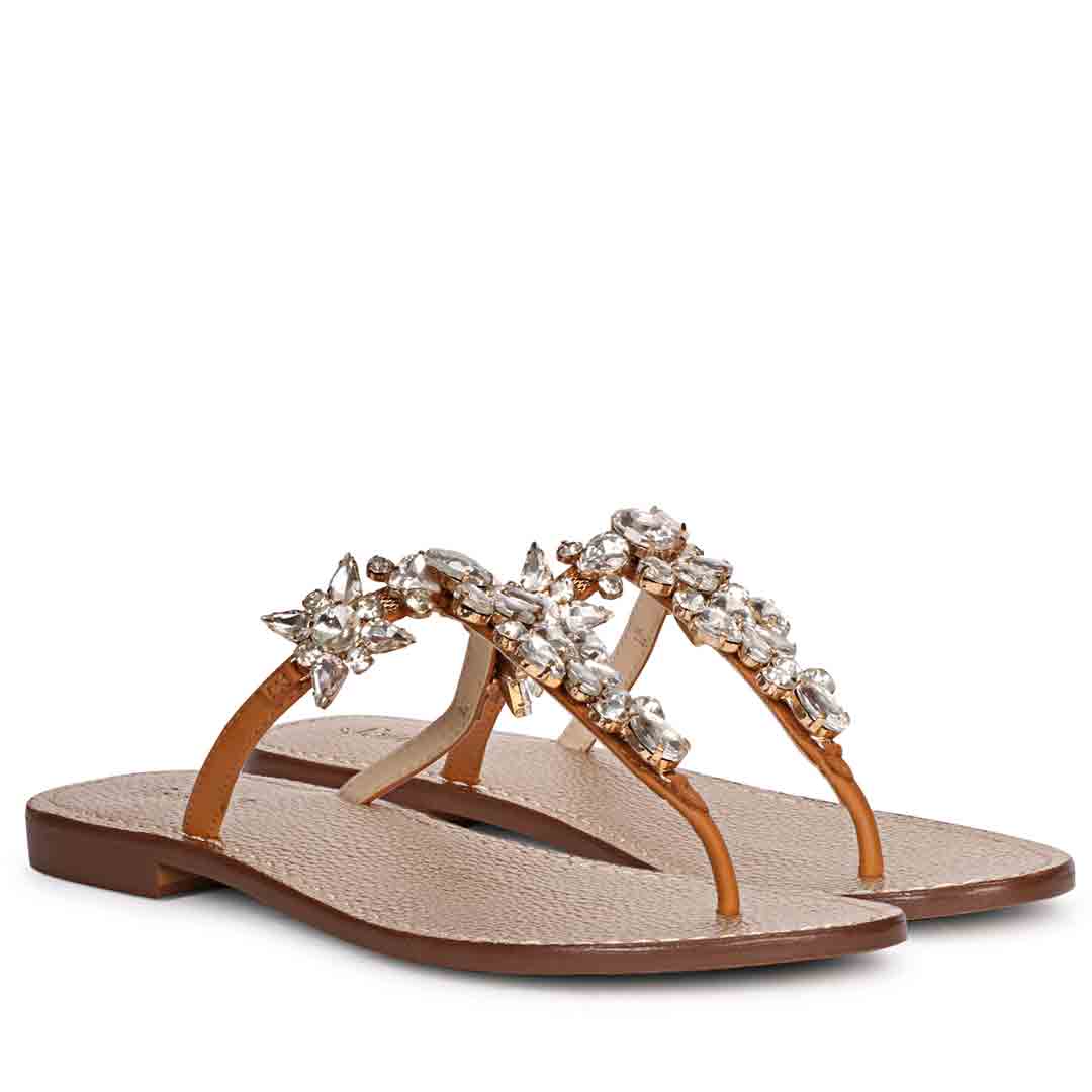 Saint Fleur Multi Stone Embellished Tan Leather Flats - Image 3