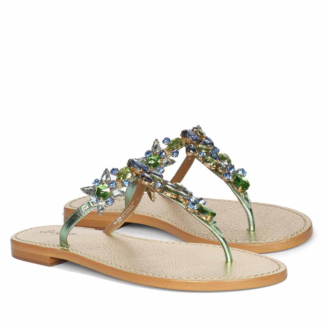 Saint Fleur Multi Stone Metallic Green Leather Flats - Image 3