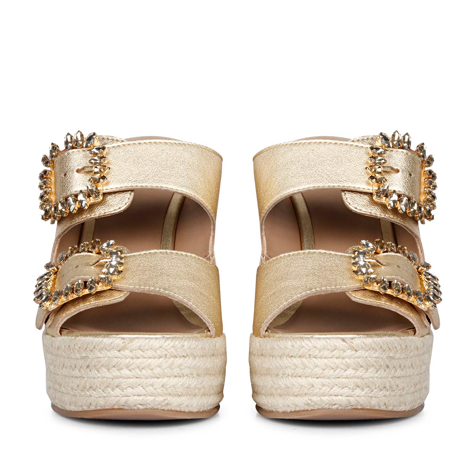Saint Floriana Stone Embellished Gold Metallic Leather Wedge - Image 4