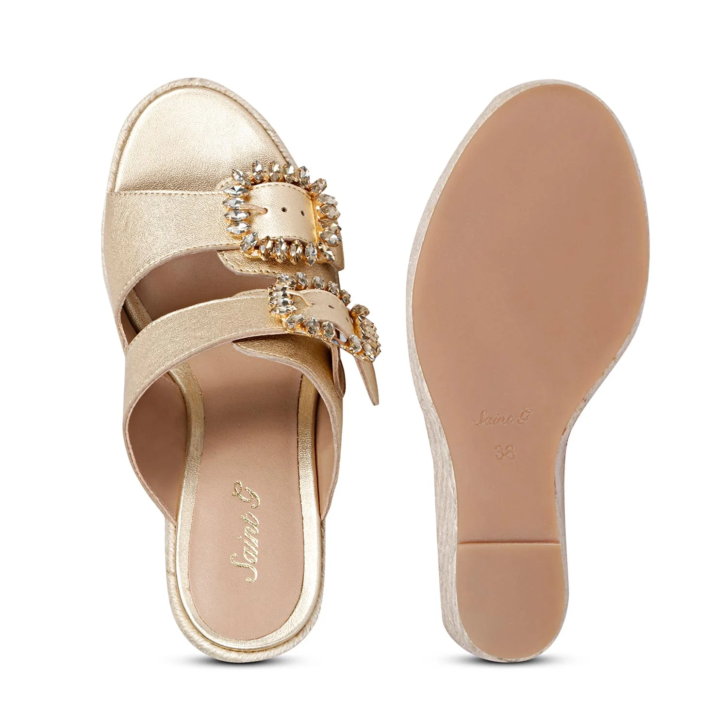 Saint Floriana Stone Embellished Gold Metallic Leather Wedge - Image 6