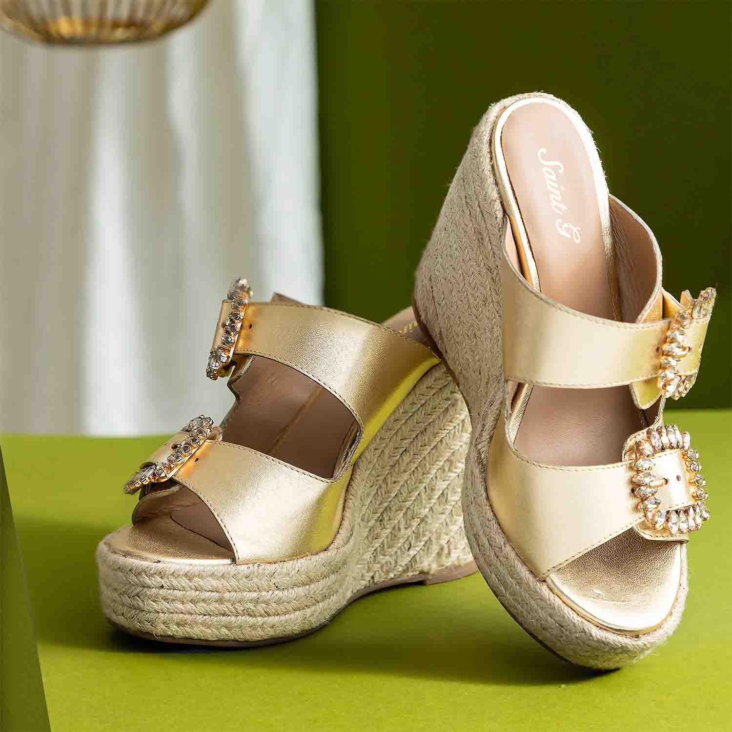 Saint Floriana Stone Embellished Gold Metallic Leather Wedge - Image 8