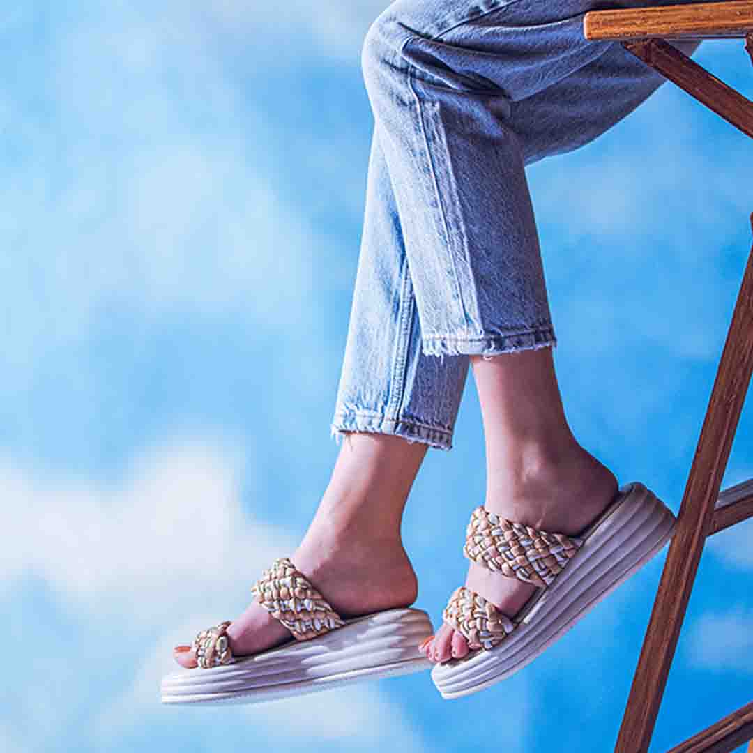 Saint Flurina Chain Embellished Beige Woven Leather Platform Sandals - Image 2