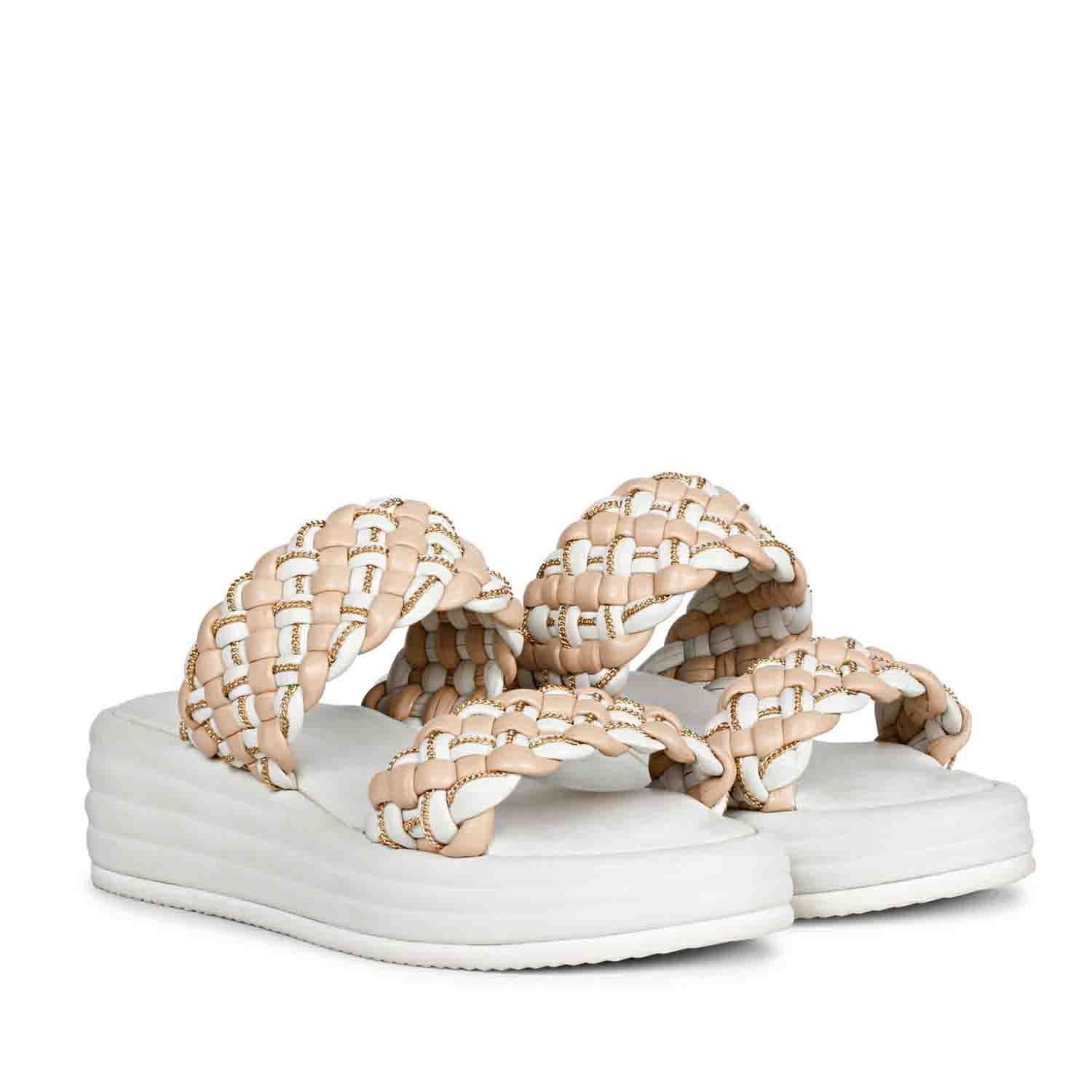 Saint Flurina Chain Embellished Beige Woven Leather Platform Sandals - Image 3