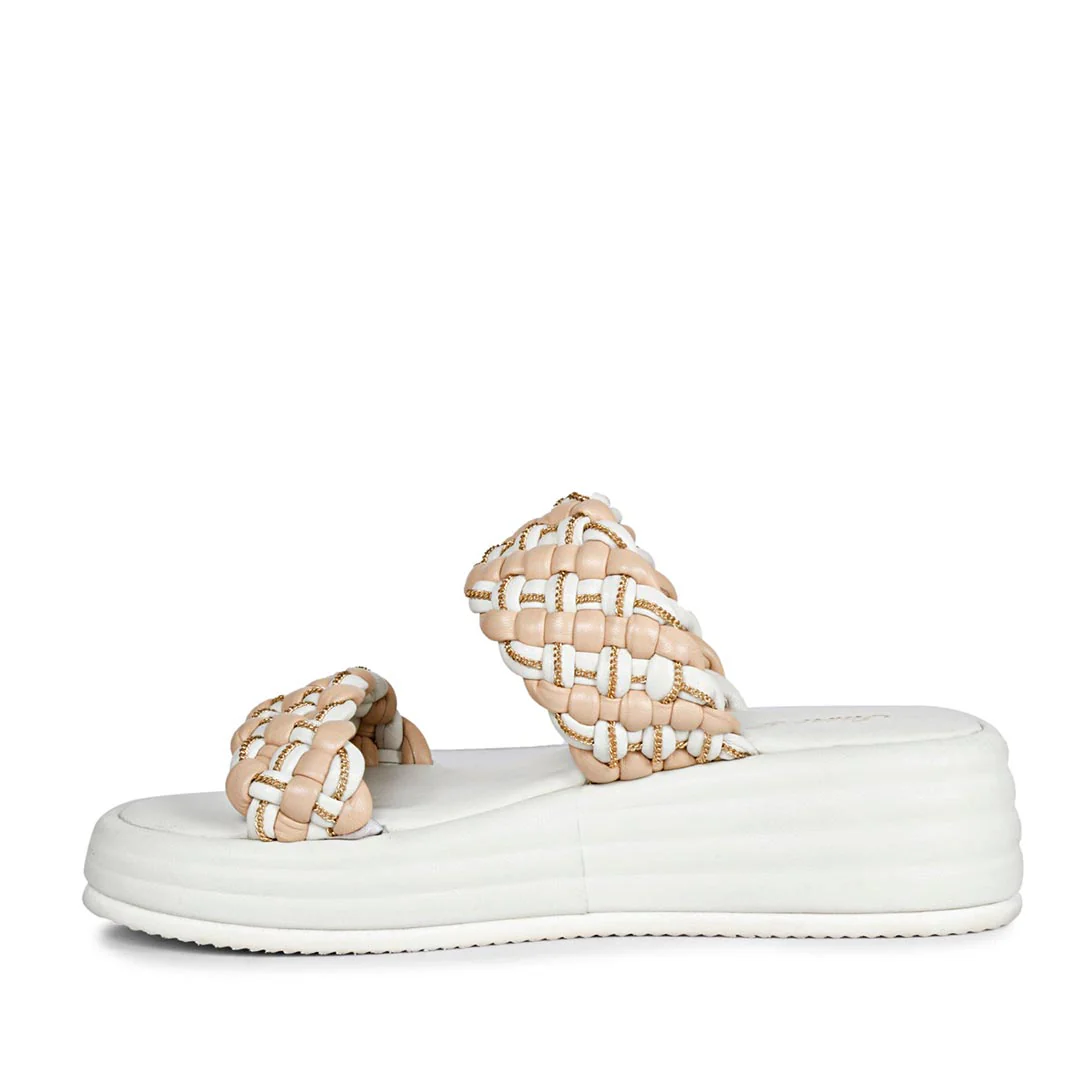 Saint Flurina Chain Embellished Beige Woven Leather Platform Sandals - Image 4