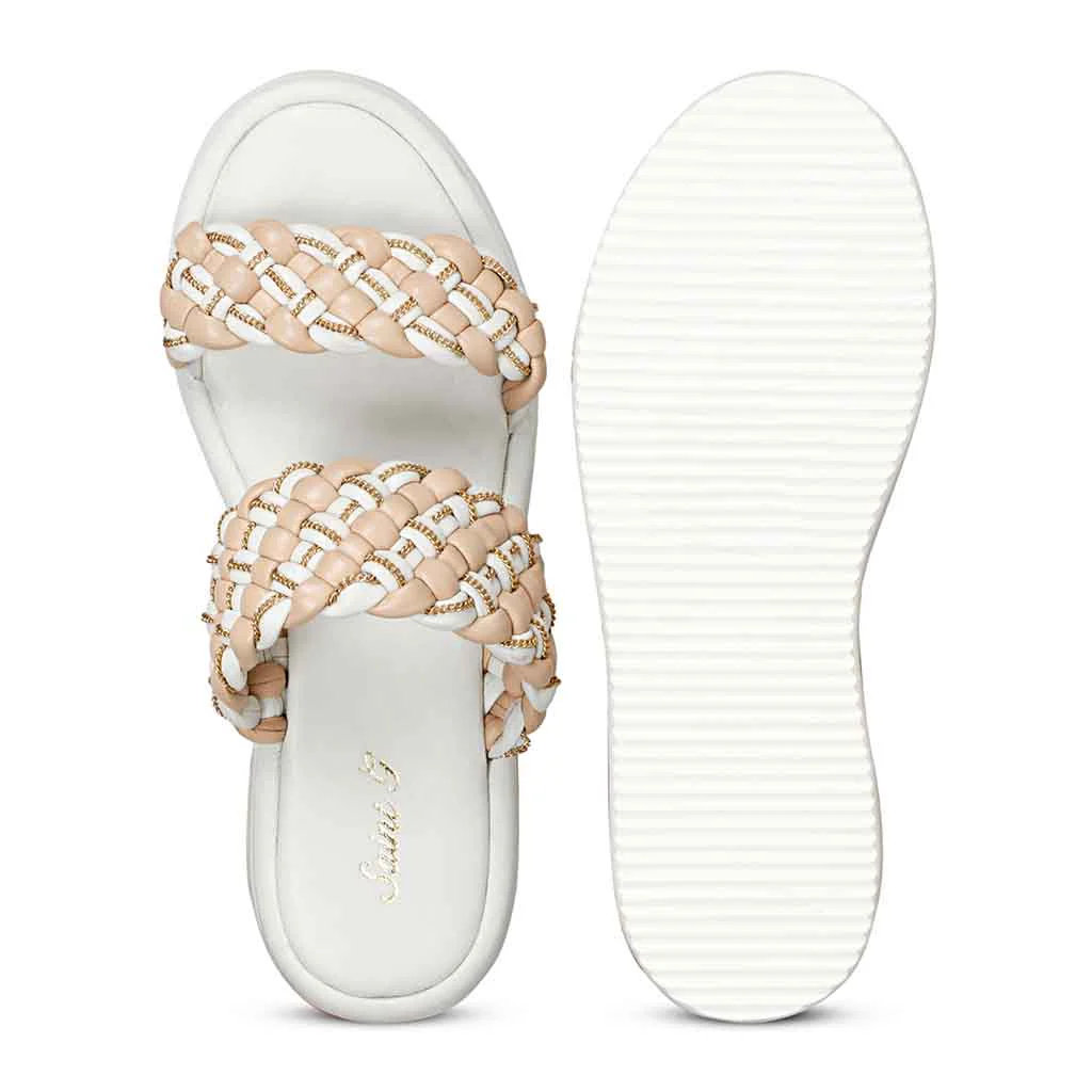 Saint Flurina Chain Embellished Beige Woven Leather Platform Sandals - Image 7