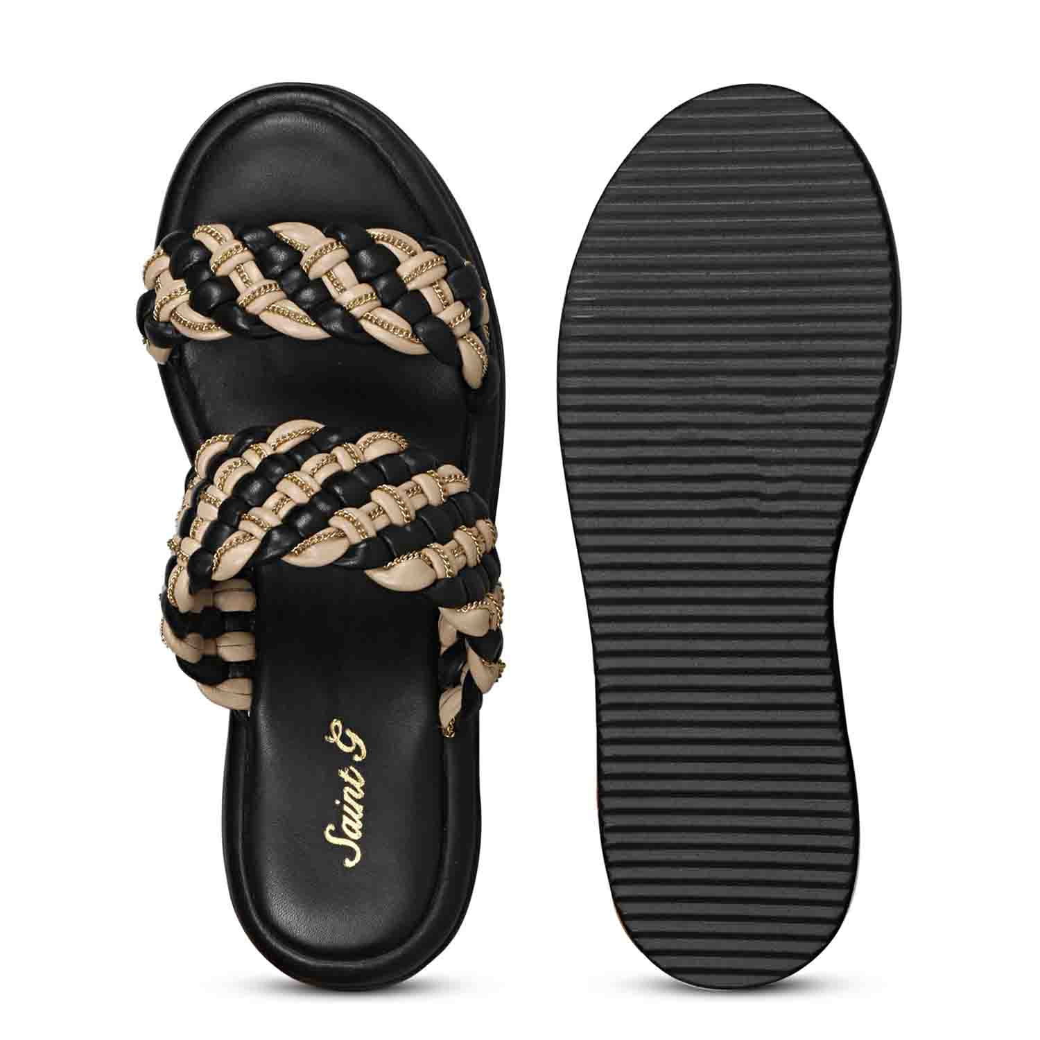 Saint Flurina Chain Embellished Black Woven Leather Platform Sandals - Image 6