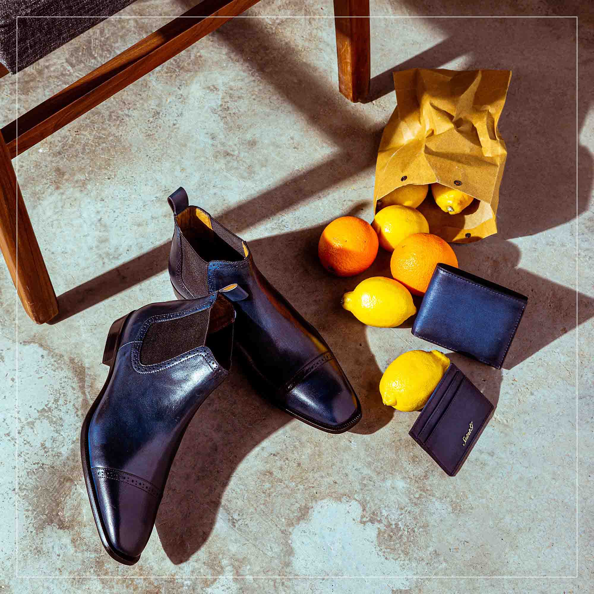 Saint Frederico Navy Leather Brogue Detail Chelsea Boots - Image 2