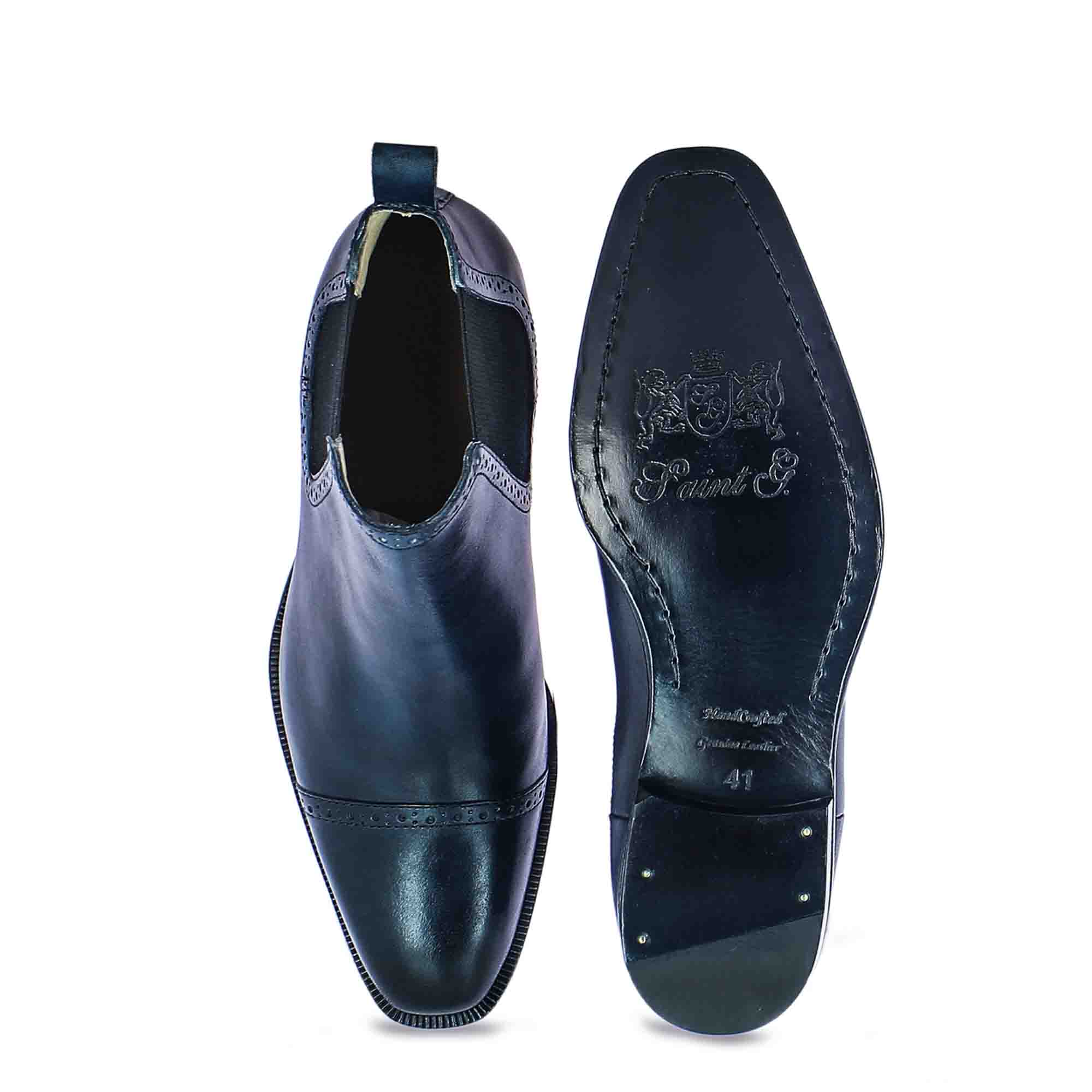 Saint Frederico Navy Leather Brogue Detail Chelsea Boots - Image 5