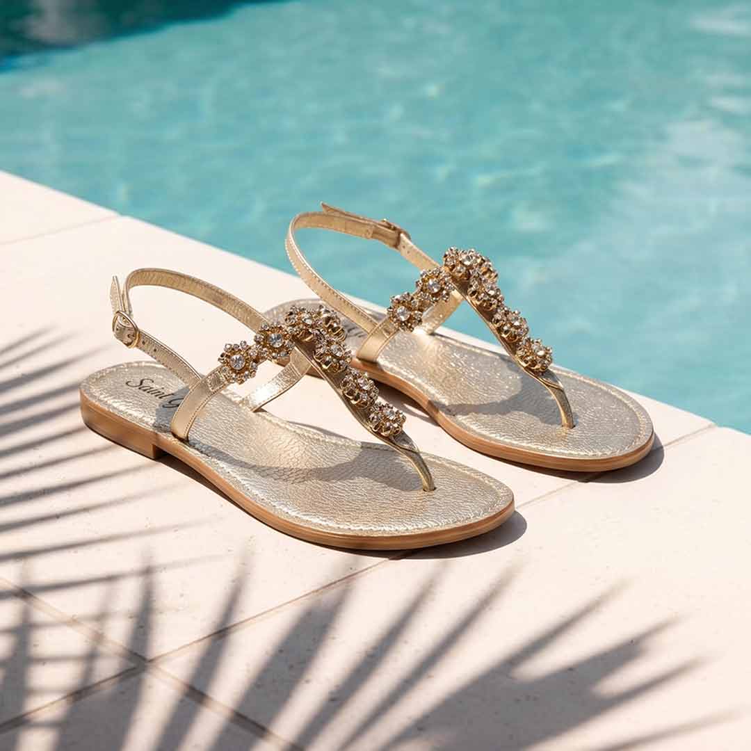 Saint Freesia Crystal Flower Gold Leather Sandals - Image 2
