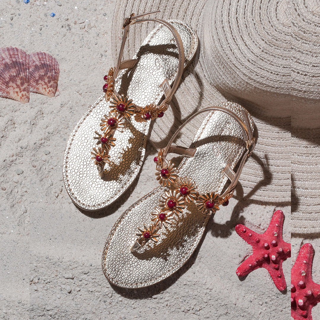 Saint Freesia Red Flower Gold Leather Sandals - Image 2