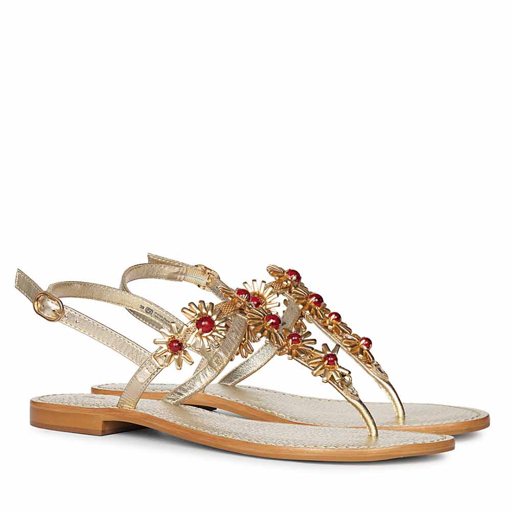 Saint Freesia Red Flower Gold Leather Sandals - Image 3