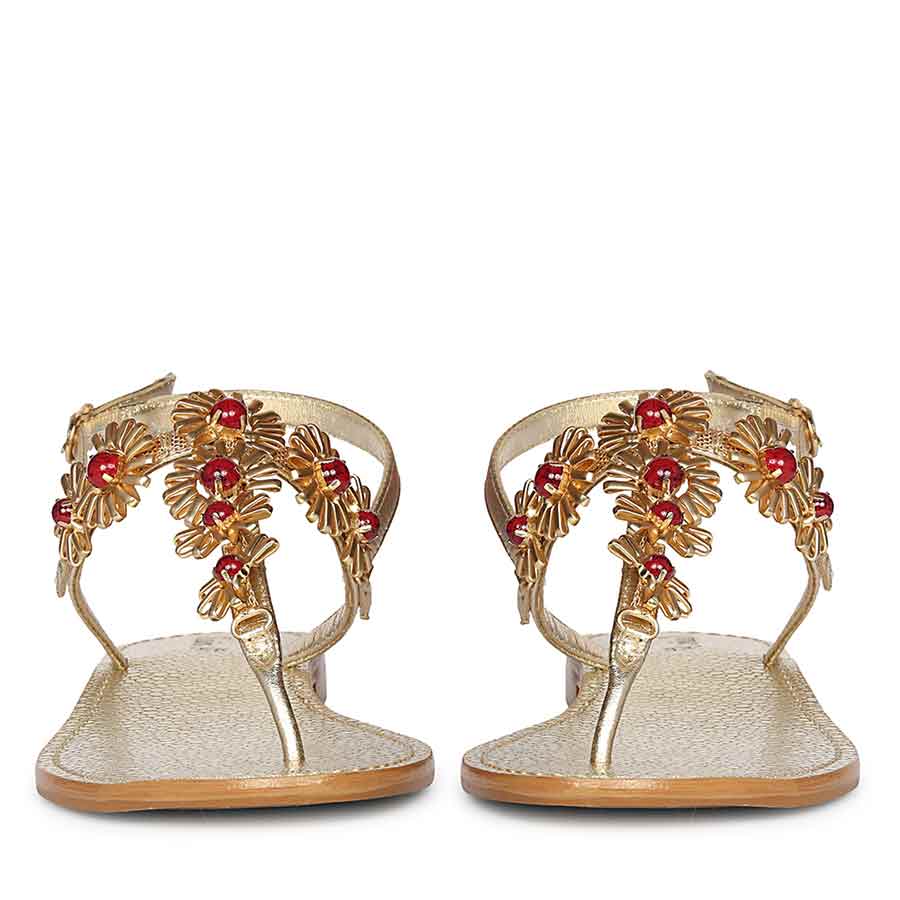 Saint Freesia Red Flower Gold Leather Sandals - Image 5