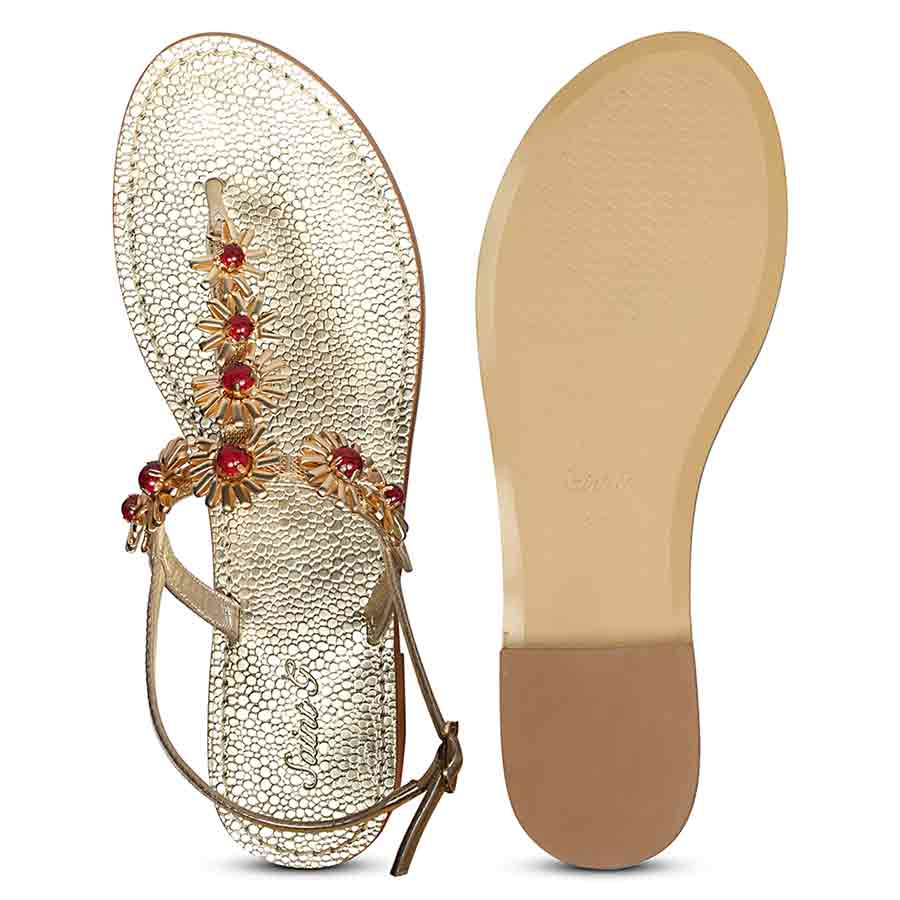 Saint Freesia Red Flower Gold Leather Sandals - Image 7