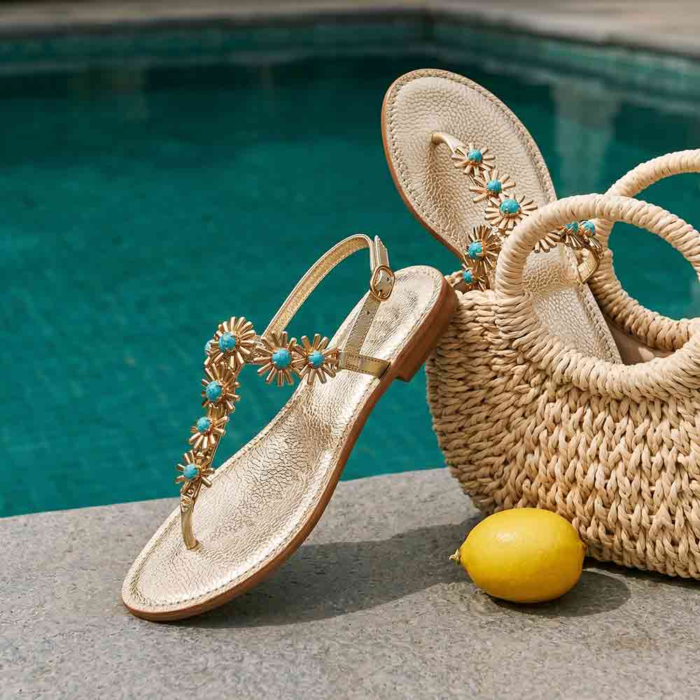 Saint Freesia Turquoise Flower Gold Leather Sandals - Image 2
