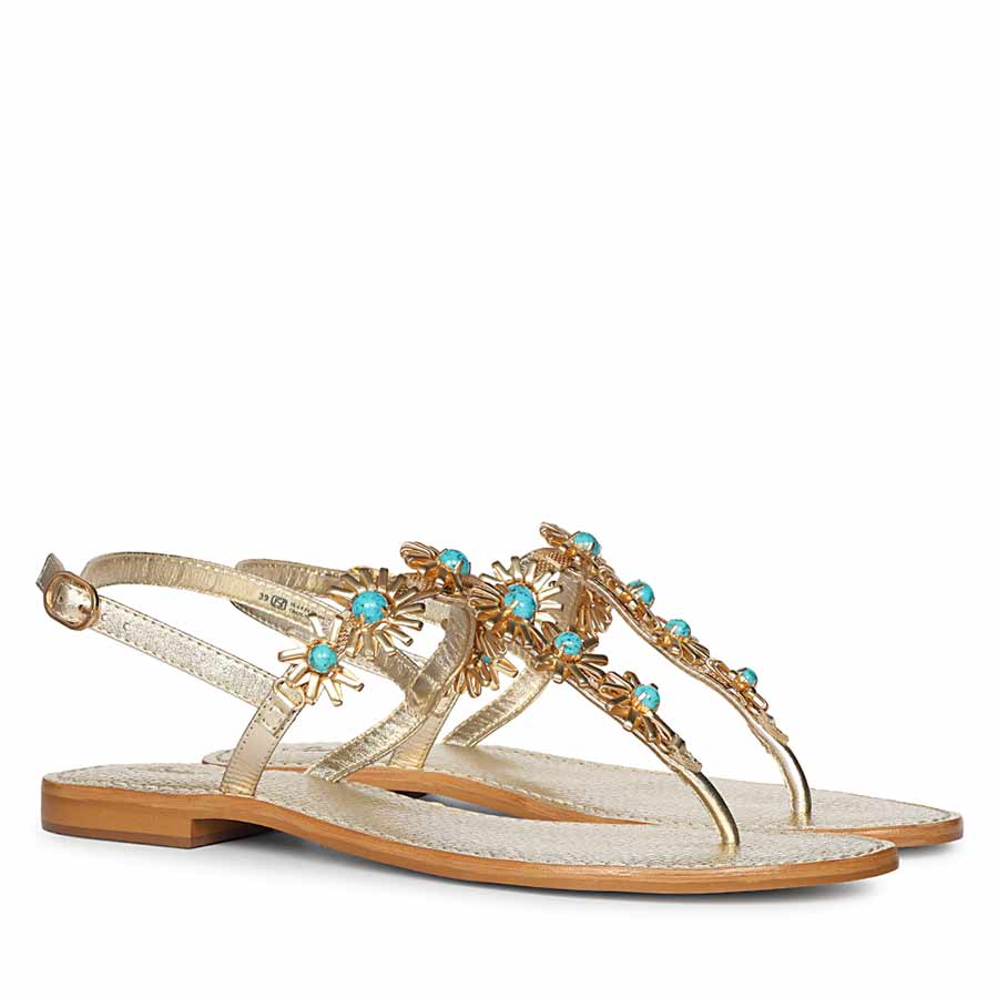 Saint Freesia Turquoise Flower Gold Leather Sandals - Image 3