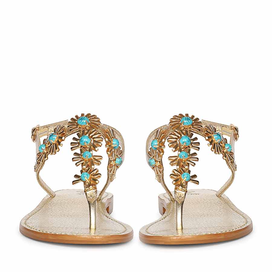 Saint Freesia Turquoise Flower Gold Leather Sandals - Image 5