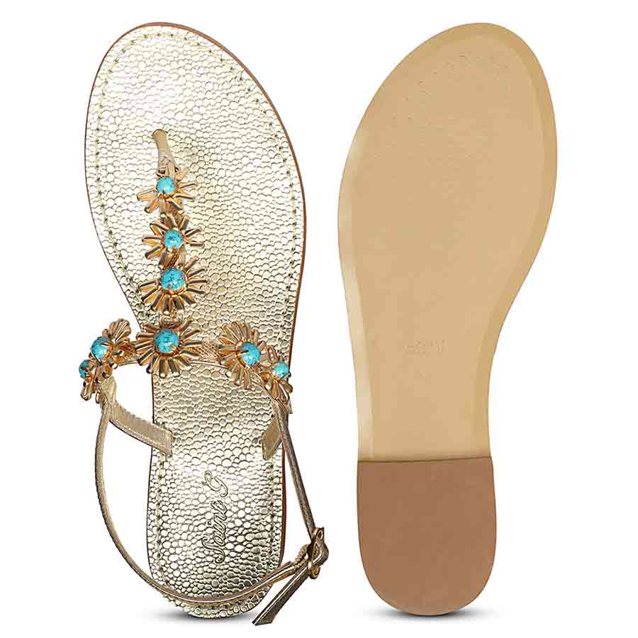 Saint Freesia Turquoise Flower Gold Leather Sandals - Image 7