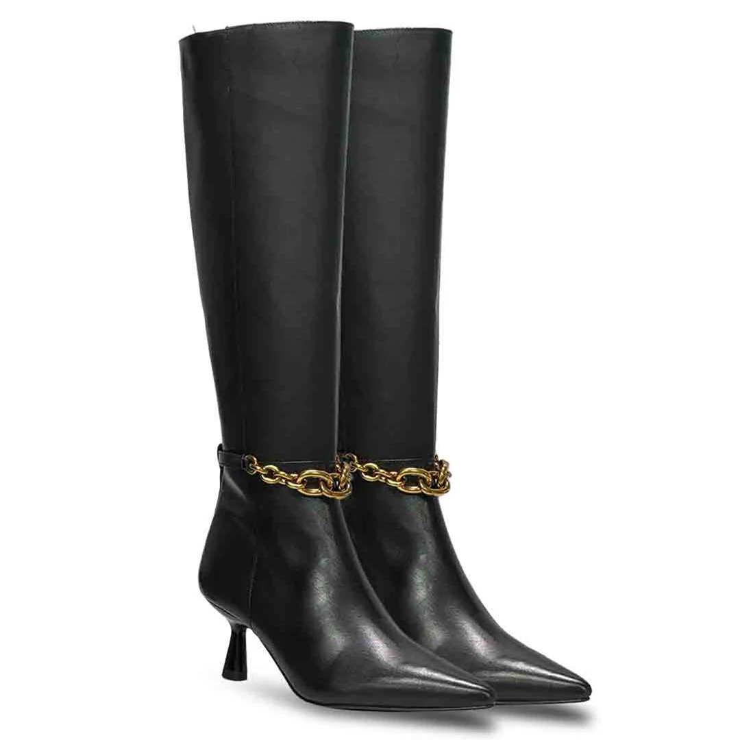 Saint Freya Chain Embellished Black Leather Long Boots - Image 3