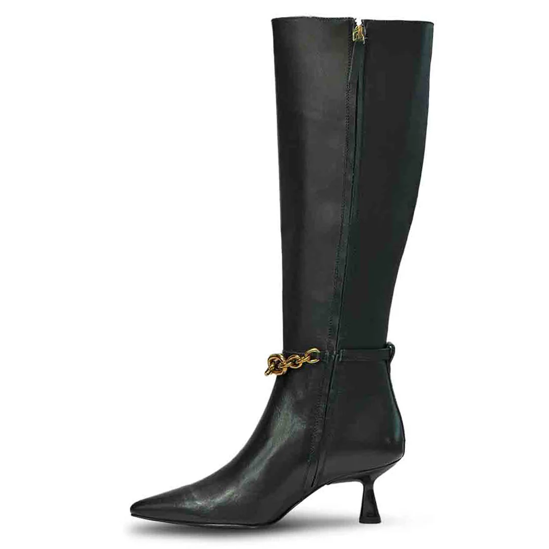 Saint Freya Chain Embellished Black Leather Long Boots - Image 4