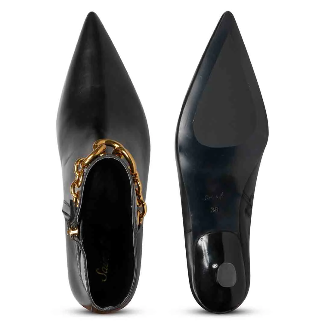 Saint Peony Chain Embellished Black Leather Ankle boots - Image 7