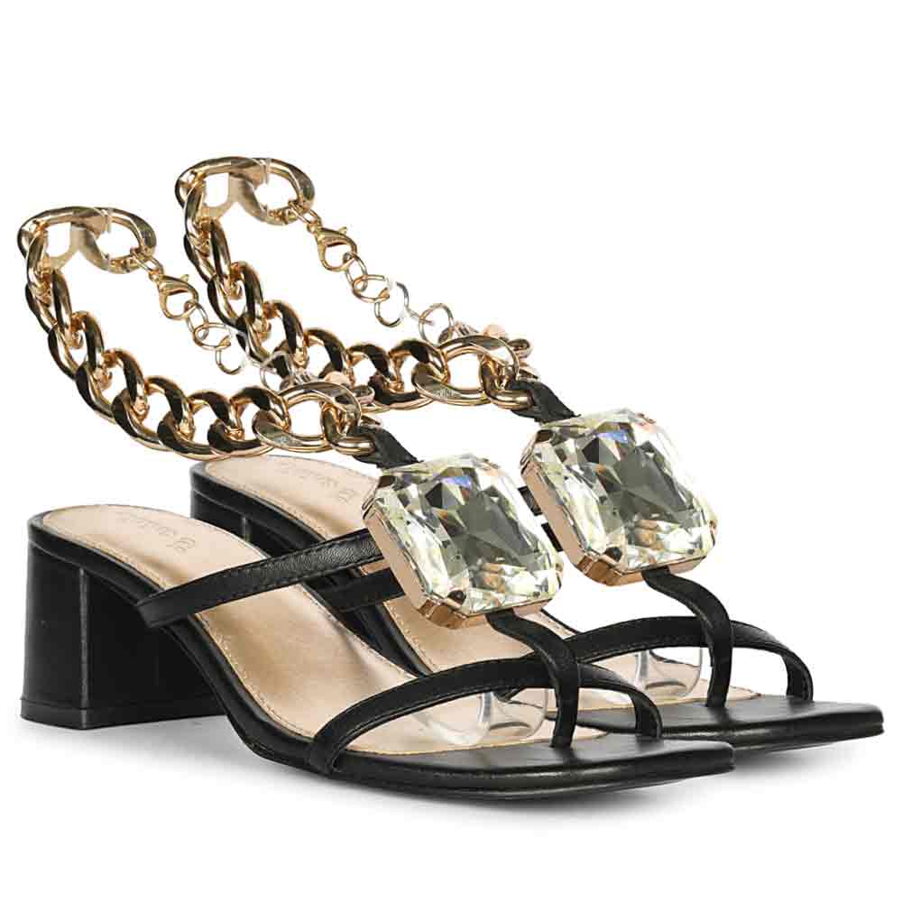 Saint Gaelle Black Leather Crystal Chain Block Heels - Image 2
