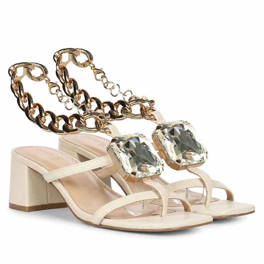 Saint Gaelle Off White Leather Crystal Chain Block Heels - Image 2