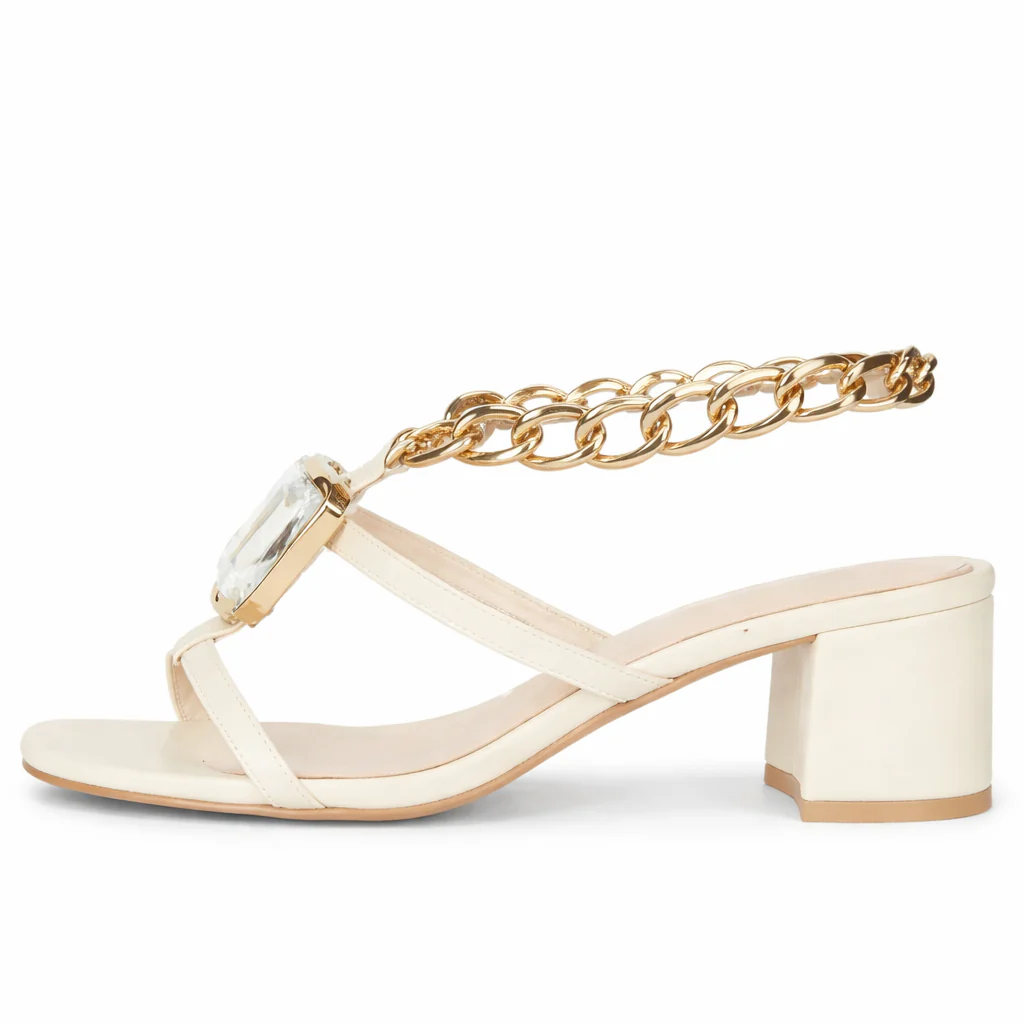 Saint Gaelle Off White Leather Crystal Chain Block Heels - Image 3