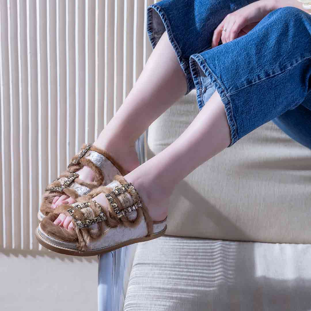 Saint Gemma Diamante Buckles Beige Fur Sandals - Image 2