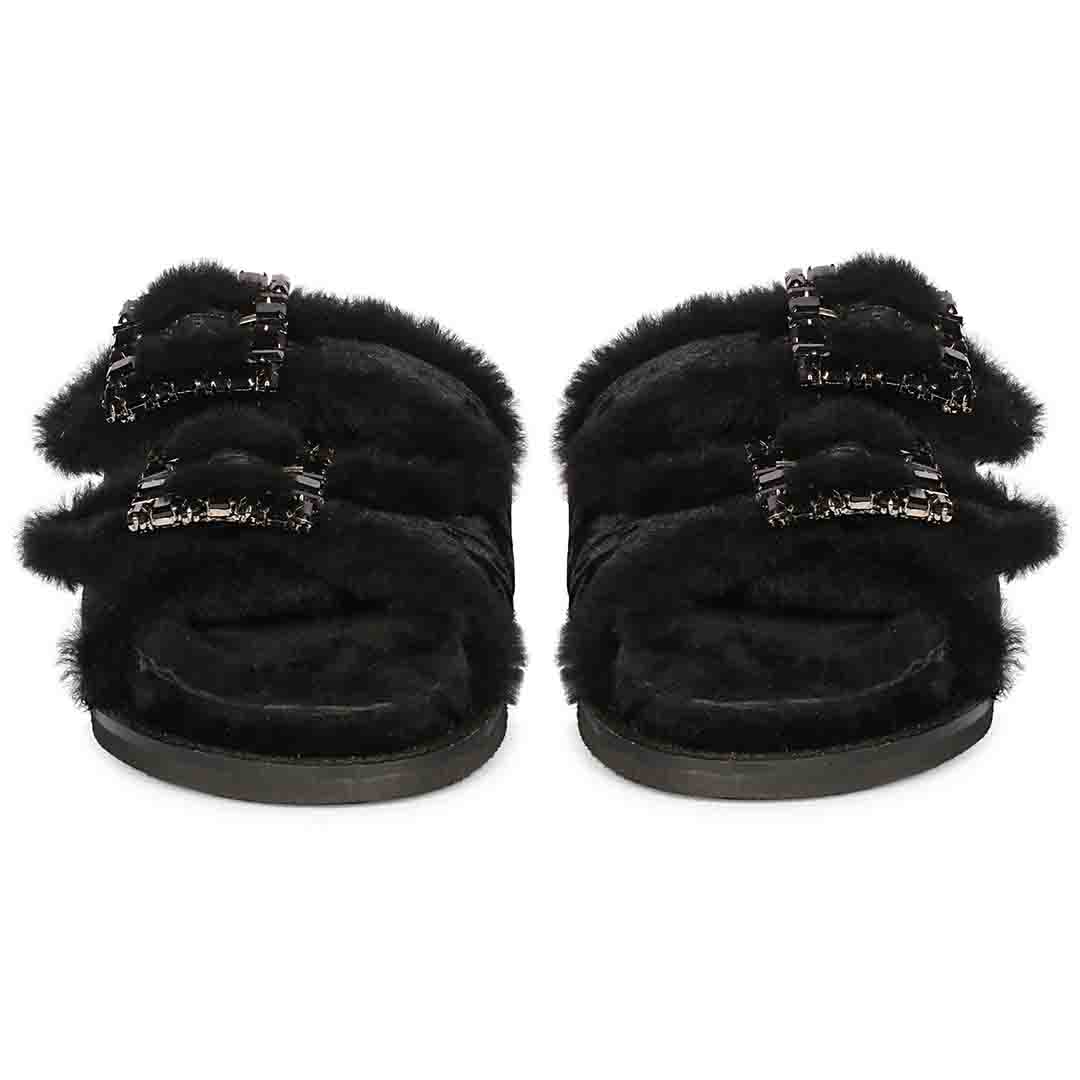 Saint Gemma Diamante Buckles Black Fur Sandals - Image 4