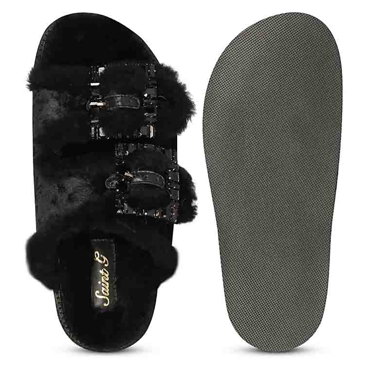 Saint Gemma Diamante Buckles Black Fur Sandals - Image 6