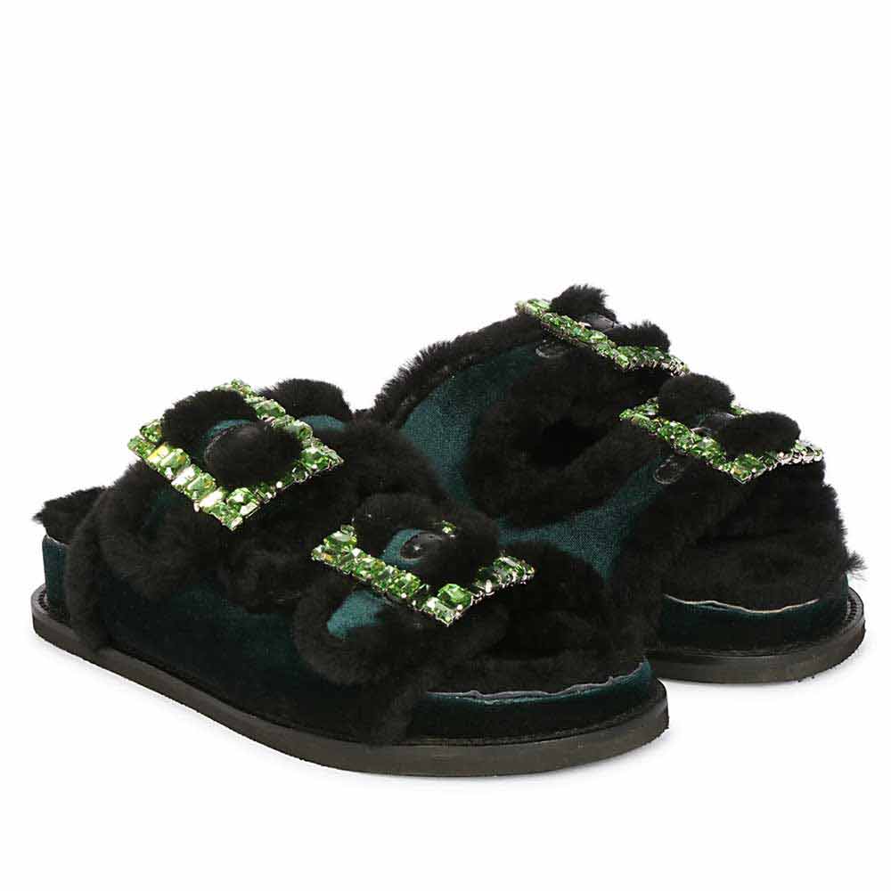 Saint Gemma Diamante Buckles Green Fur Sandals - Image 3