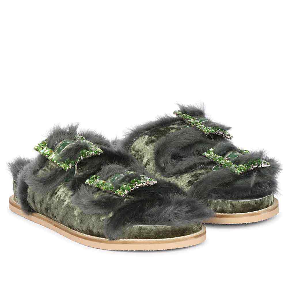 Saint Gemma Diamante Buckles Pastel Green Fur Sandals - Image 2