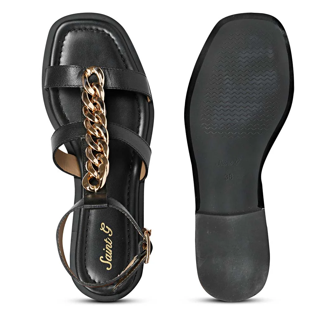 Saint Genesis Golden Chain Decor Black Leather Sandals - Image 7