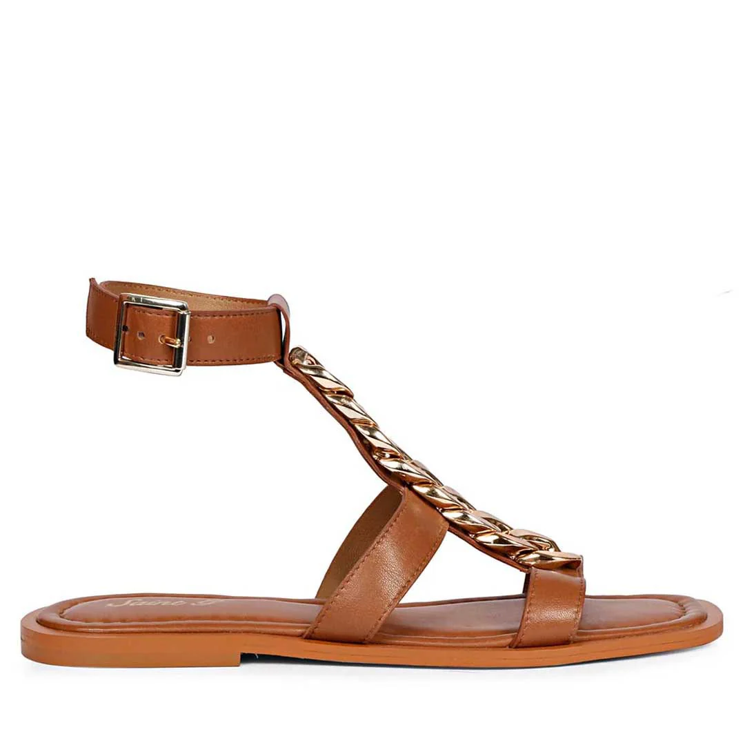 Saint Genesis Golden Chain Decor Tan Leather Sandals