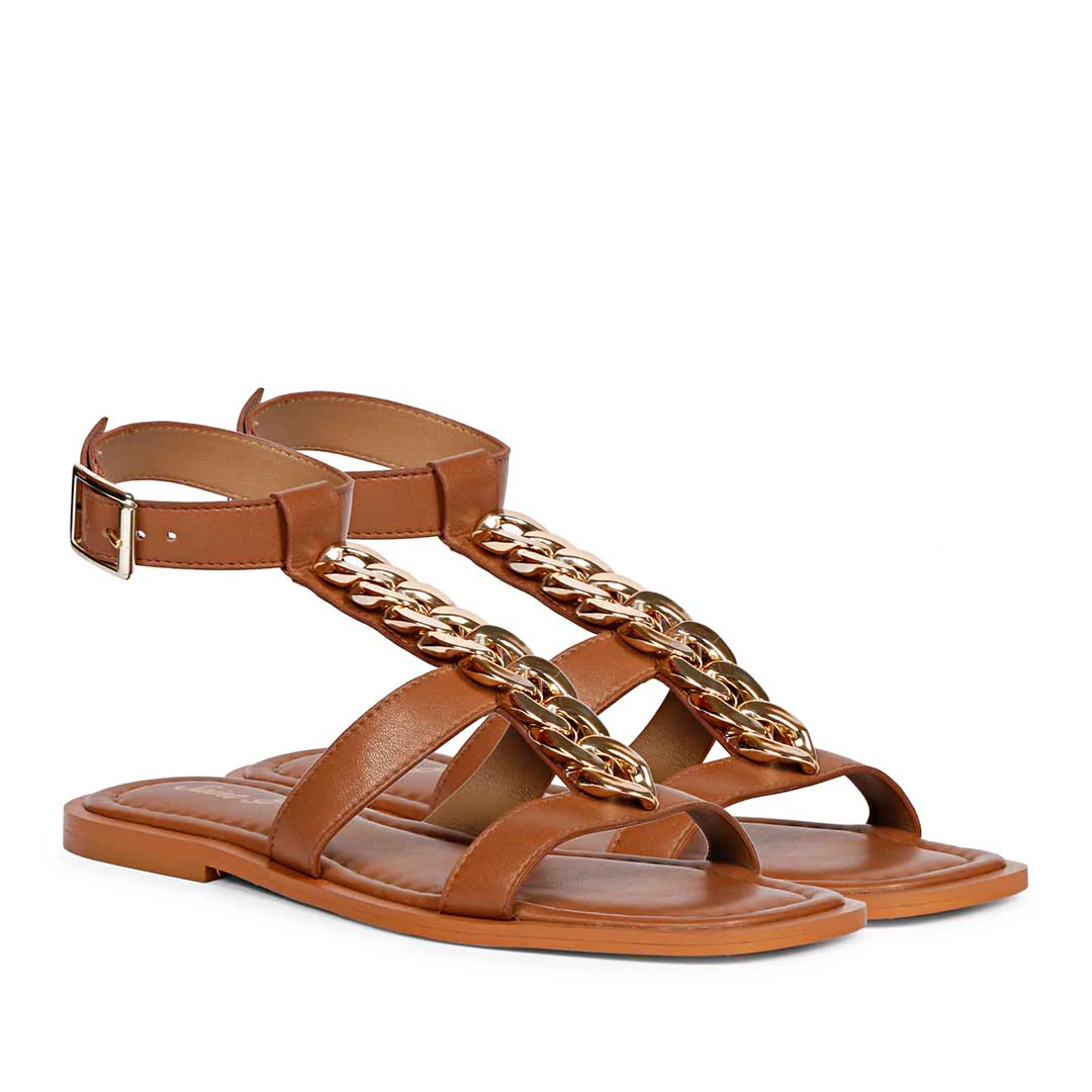 Saint Genesis Golden Chain Decor Tan Leather Sandals - Image 3