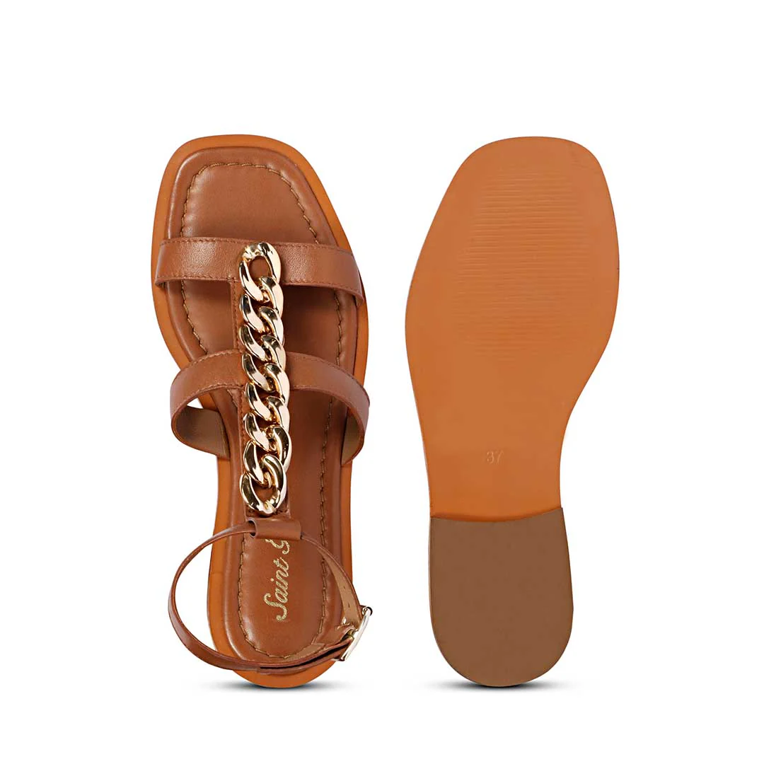 Saint Genesis Golden Chain Decor Tan Leather Sandals - Image 6