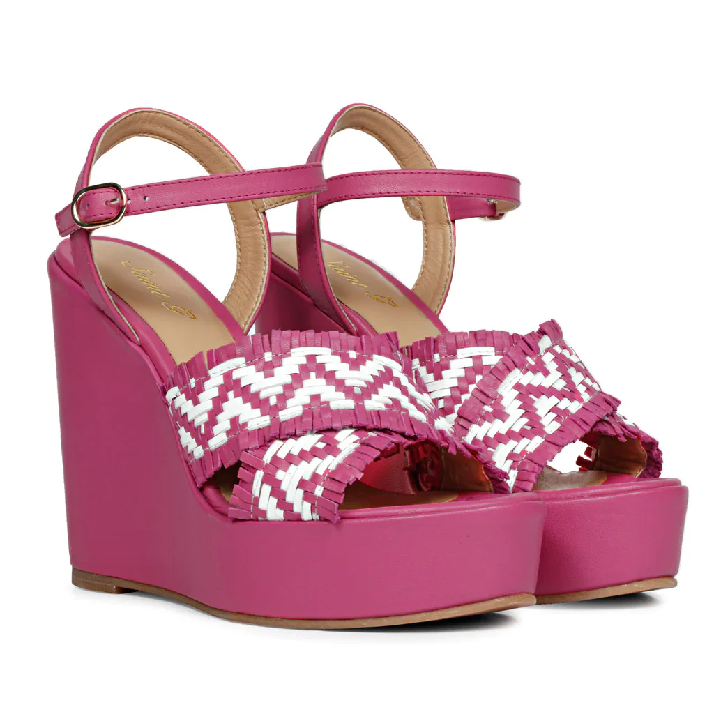 Saint Glenda Hand Woven Hot Pink Leather Wedge Heels - Image 3