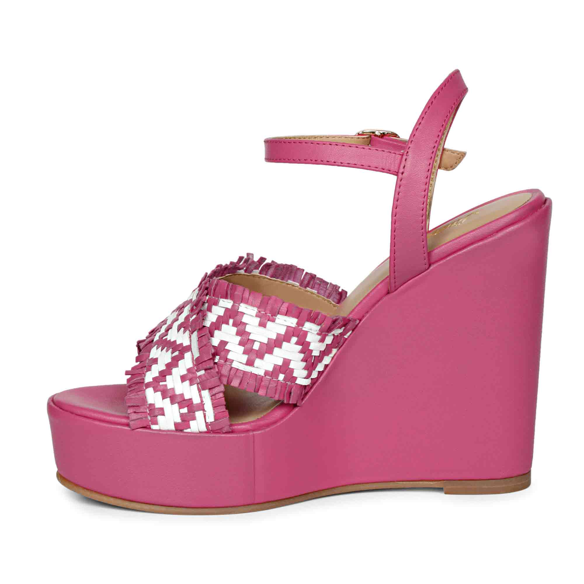 Saint Glenda Hand Woven Hot Pink Leather Wedge Heels - Image 4