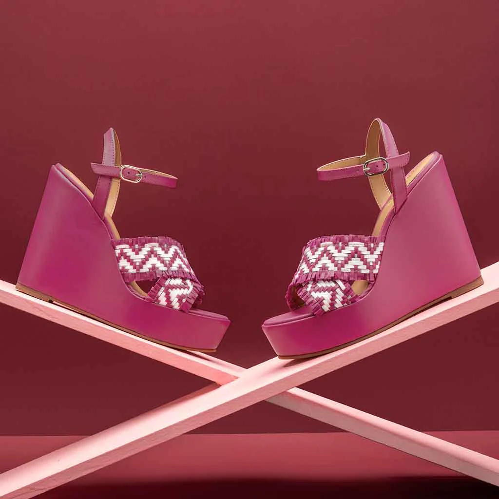 Saint Glenda Hand Woven Hot Pink Leather Wedge Heels - Image 9