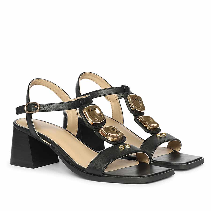 Saint Zoriel Gold Trim Black Leather Block Heels - Image 3