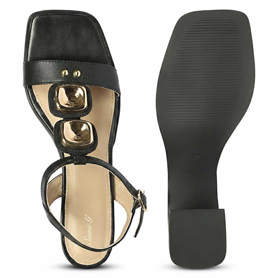 Saint Zoriel Gold Trim Black Leather Block Heels - Image 7
