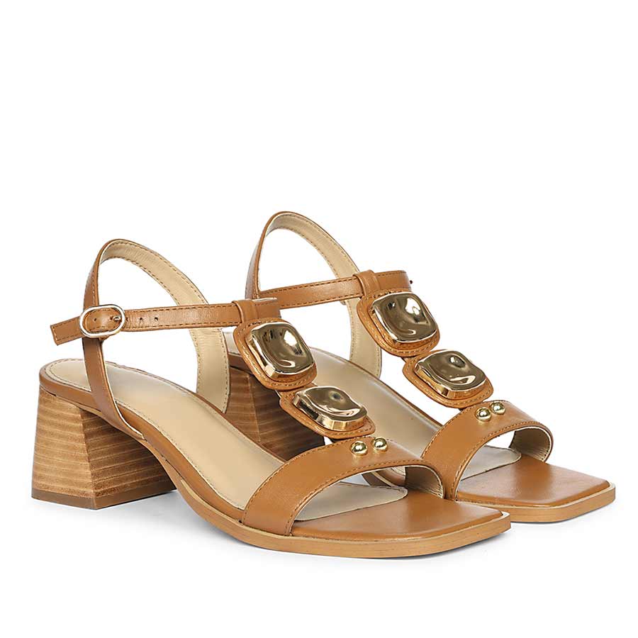 Saint Zoriel Gold Trim Tan Leather Block Heels - Image 3