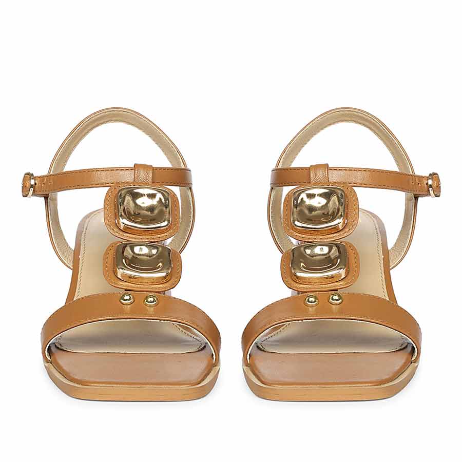 Saint Zoriel Gold Trim Tan Leather Block Heels - Image 5
