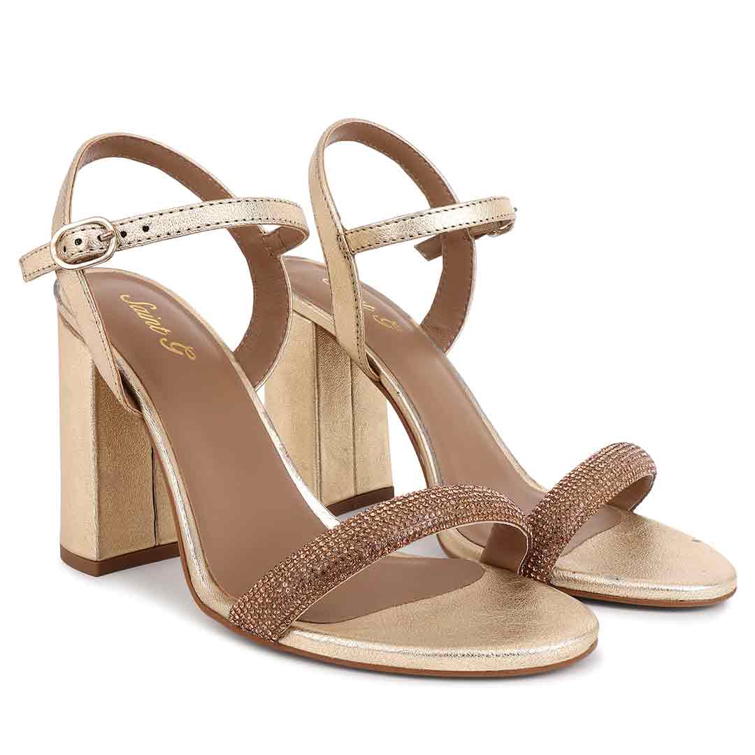 Saint Gracie Strass Embellished Metallic PlatinLeather Block Heels - Image 3
