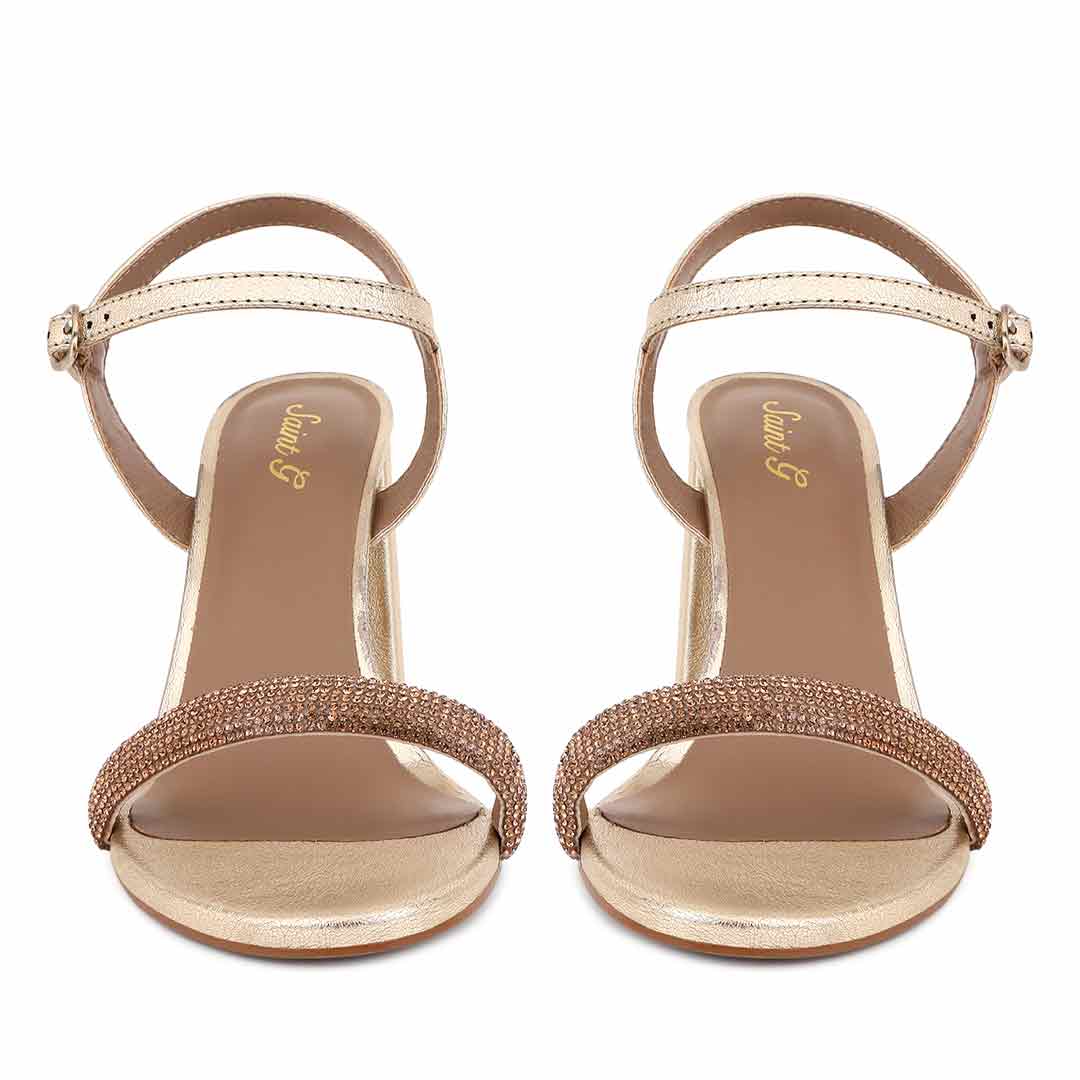 Saint Gracie Strass Embellished Metallic PlatinLeather Block Heels - Image 5