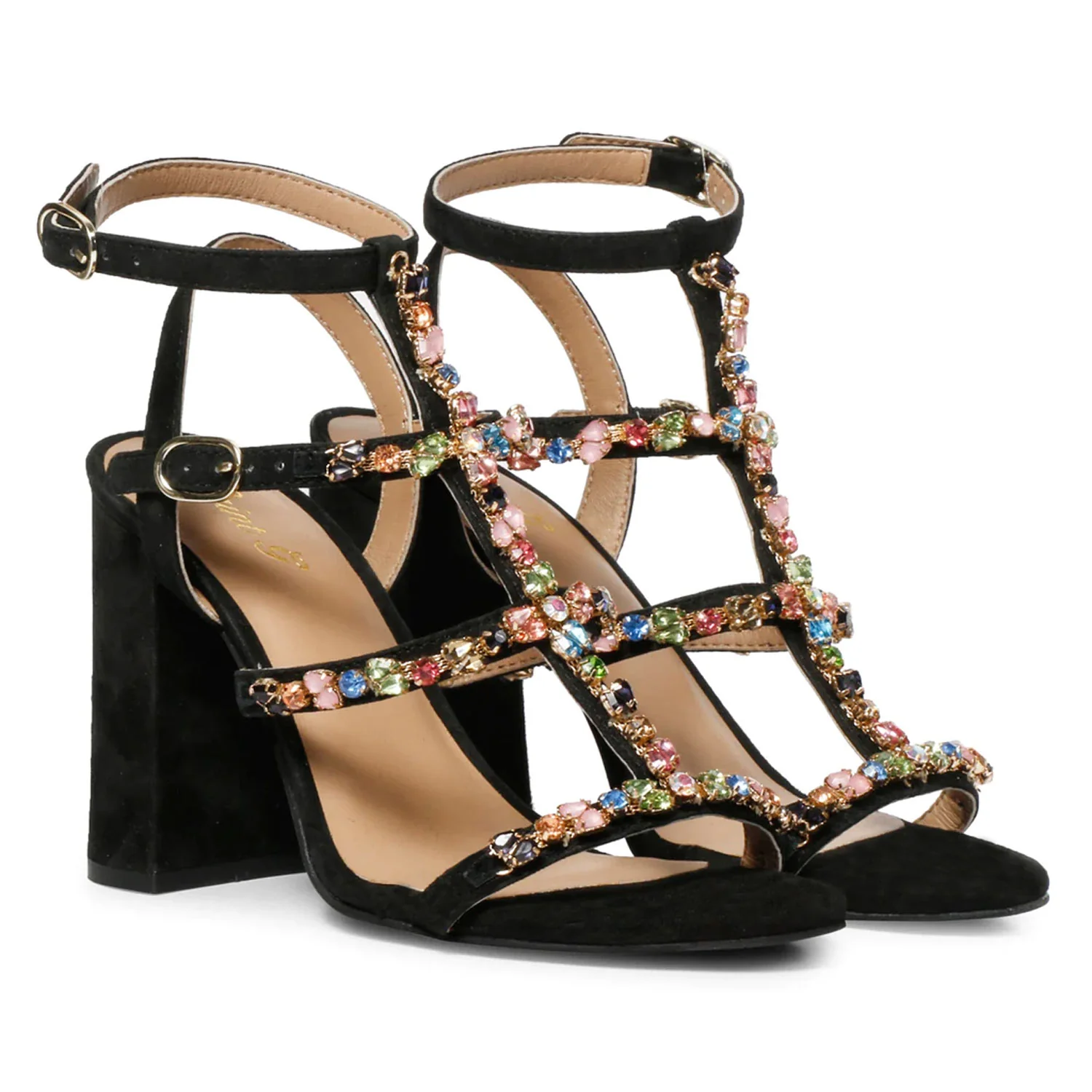 Saint Gretel Multi Stone Embellished Black Leather Cage Block Heels - Image 3